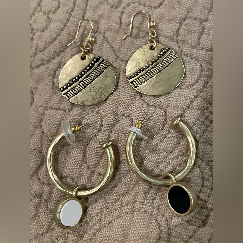 Two Pairs of Chico's Brass Gold Earrings One Reversible